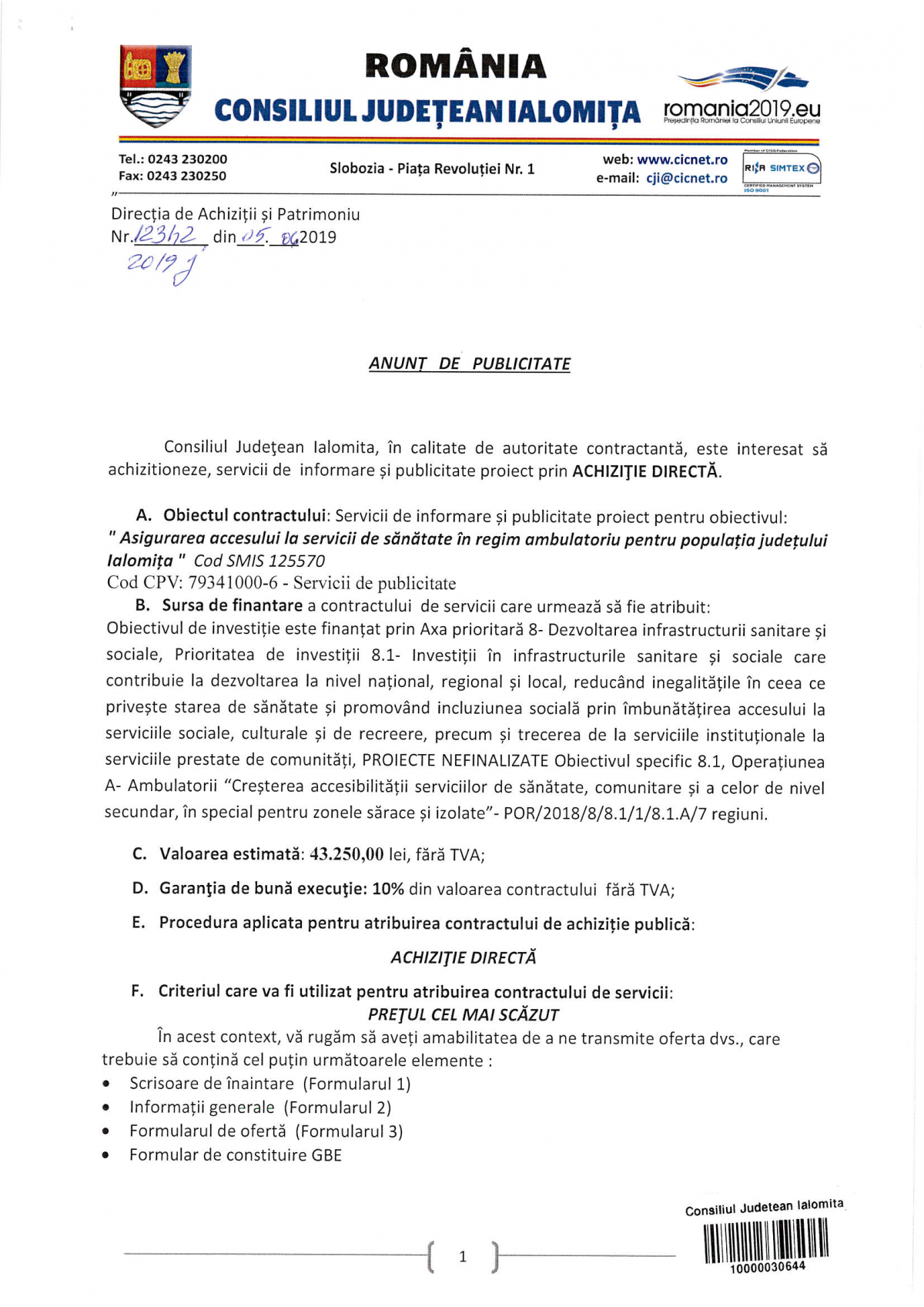 Anunț Publicate Achiziție Directa Servicii De Informare Si Publicitate ...